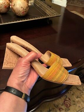 Yellow Woven Cork-Heel Slide Sandals - Women. Size 8